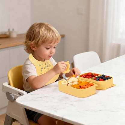 Mossora Cat Toddler Feeding Set, Snap-Together Plates & Steel Utensils, Pale Yellow