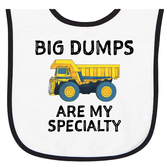 Inktastic Big Dumps Are My Specialty Baby Terry Cloth Bib with Yellow Dump Truck Design