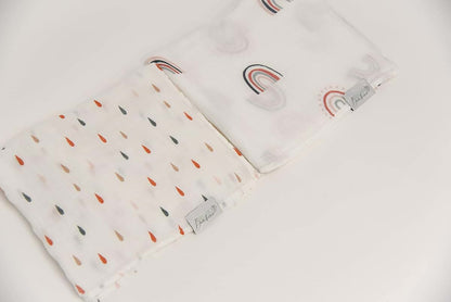 Brilliant Bambino Swaddle Blanket Set - Boho Rainbows & Raindrops Muslin Blend