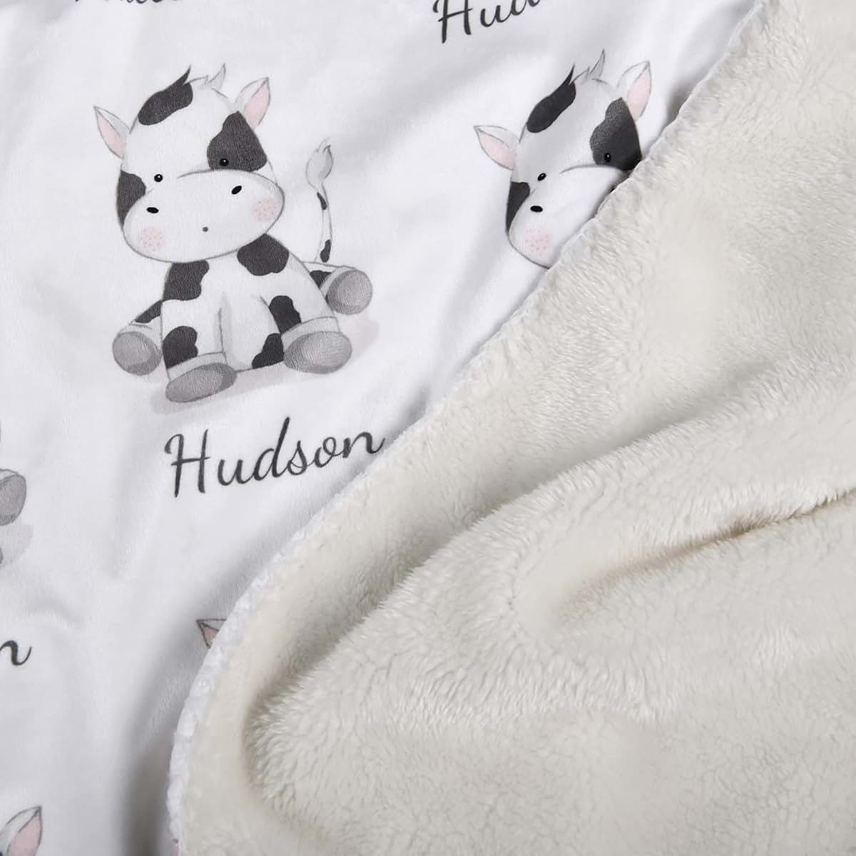 NICTIMEID Custom Sherpa Baby Blanket – Cartoon Cow Design with Personalized Name – Soft Crib & Stroller Gift for (photo 4)