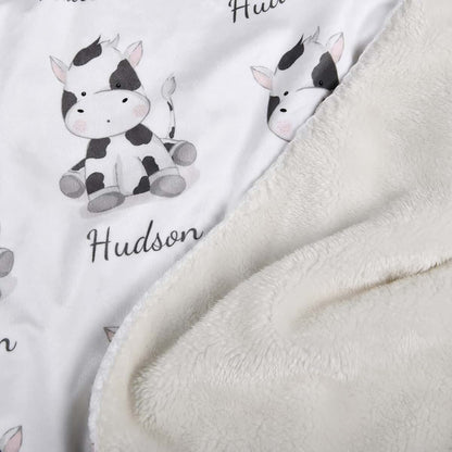 NICTIMEID Custom Sherpa Baby Blanket – Cartoon Cow Design with Personalized Name – Soft Crib & Stroller Gift for (photo 4)