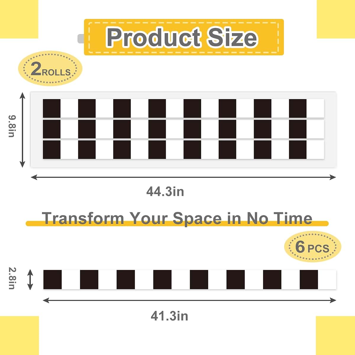 Whaline 2 Roll Black White Plaid Border Wall Sticker Peel and Stick Vinyl Decal, 44.3 x 9.8 Inch