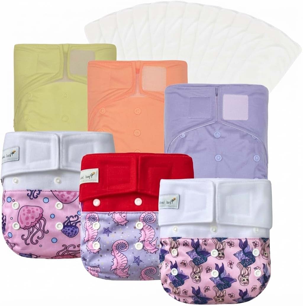KAWAII BABY Fast Changing Cloth Diaper Pack - 6 Heavy Duty Hook & Loop Diapers with 12 Diaper Inserts One Size
