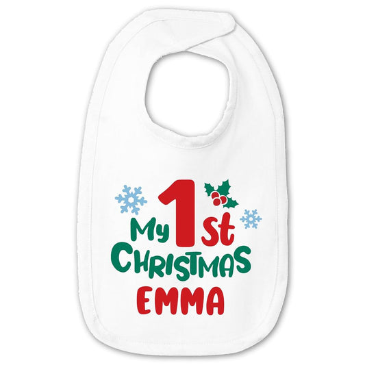 Smiling Jindo Personalized My 1st Christmas Baby Bib with Custom Name – Premium Jersey Bib for Newborn & Infant