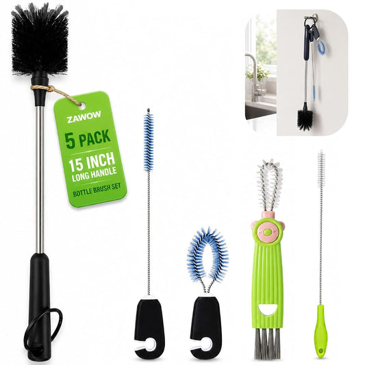 ZAWOW 5-Piece Bottle Brush Set, Water Bottle Cleaner with Straw & Lid Brush