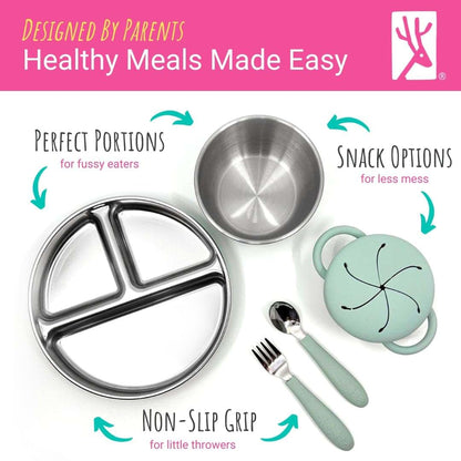 Elk and Friends Stainless Steel Mealtime Bundle with Silicone Sleeves, 10-Piece Toddler Dinner Set