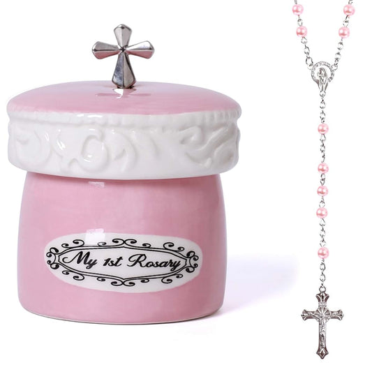 Grandeco My First Rosary Cross for Girl Keepsake Box and Rosary Gifting Set, Pink