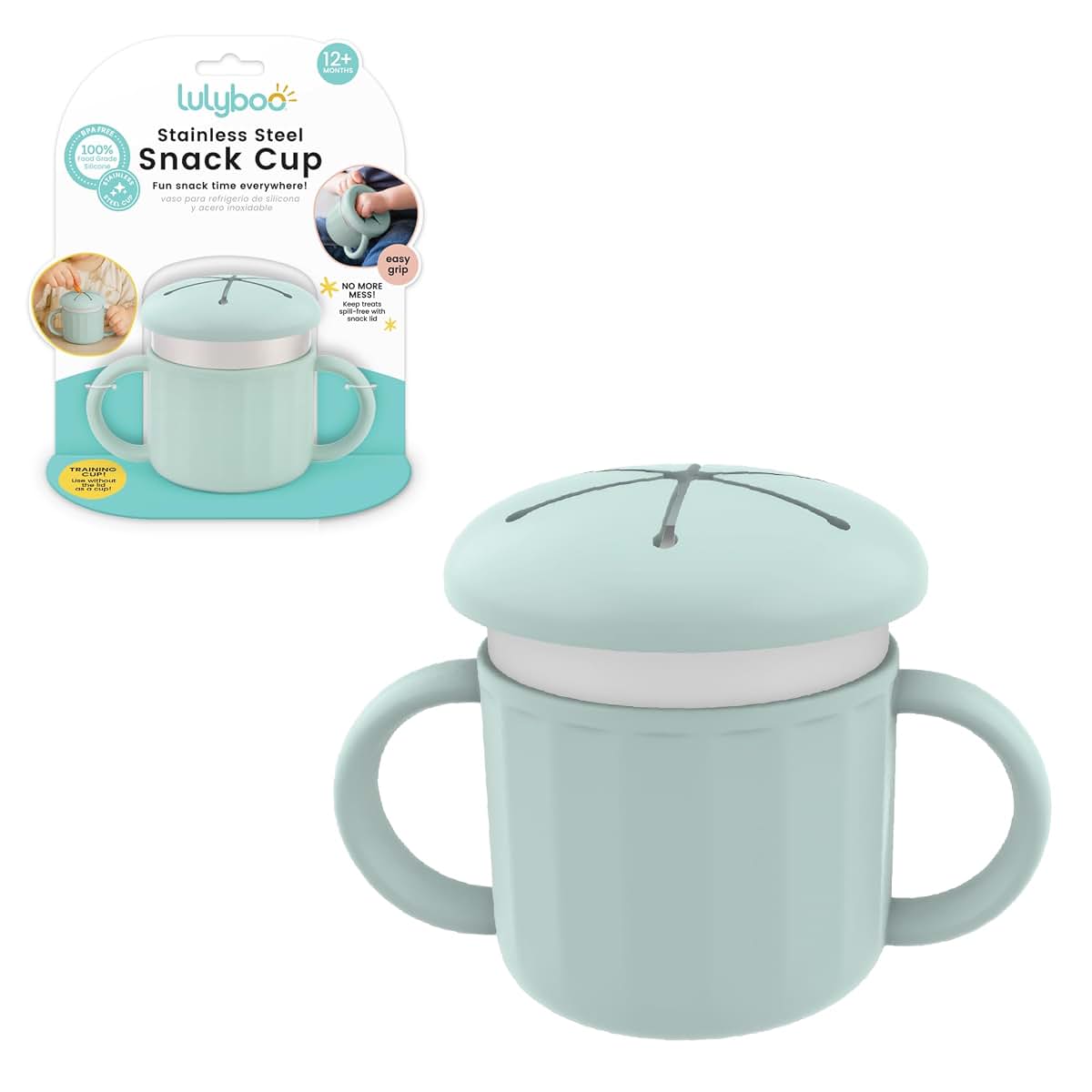 Lulyboo Stainless Steel Snack Cup with Handles Spill Resistant Toddler Snack Container