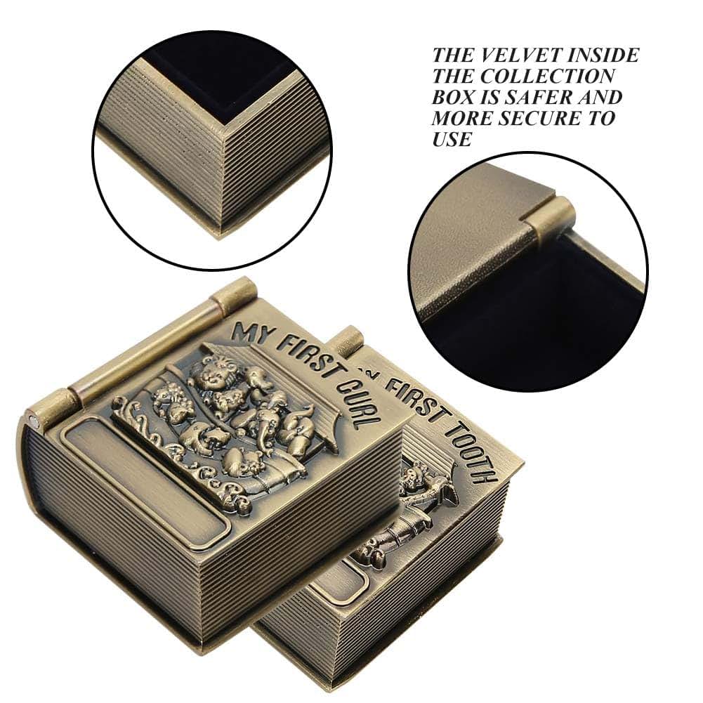 Gsycle First Curl and Tooth Keepsake Box, Book Shape Metal Tooth Collection Organizer Vintage Jewelry Trinket Holder