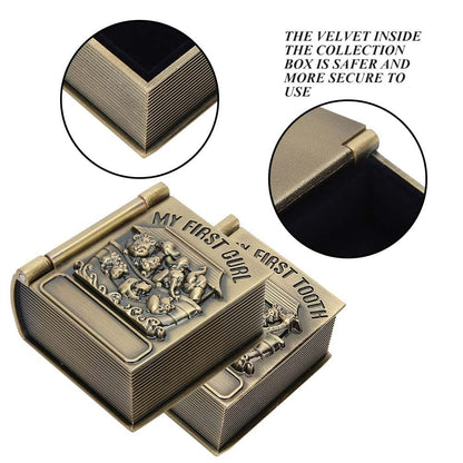 Gsycle First Curl and Tooth Keepsake Box, Book Shape Metal Tooth Collection Organizer Vintage Jewelry Trinket Holder