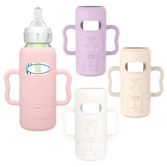 KingKam Silicone Sleeves For Dr. Brown's 8oz Narrow Glass Baby Bottles With Handles, 4 Pack