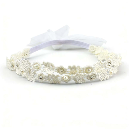 Pyalxdn White Flower Christening Headband With Elastic Lace