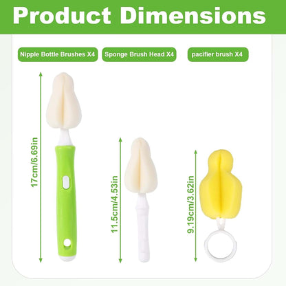 Goktvai 12pcs Sponge Bottle Nipple Brushes With 4 Replacement Heads