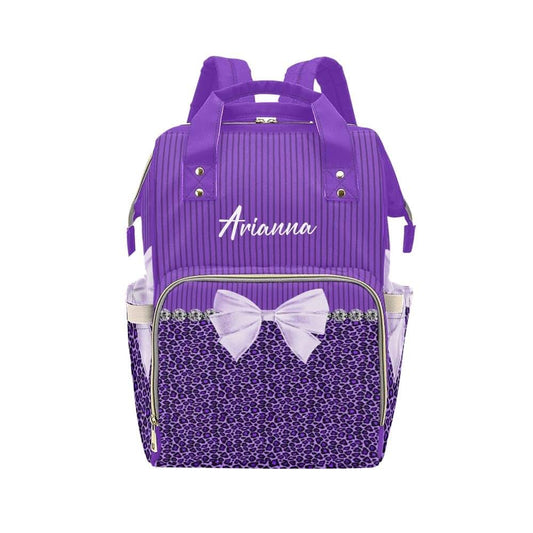 YallLocoMo Personalized Diaper Bag Backpack Name Purple Leopard with elegant bow Gift the Best: Spacious Waterproof