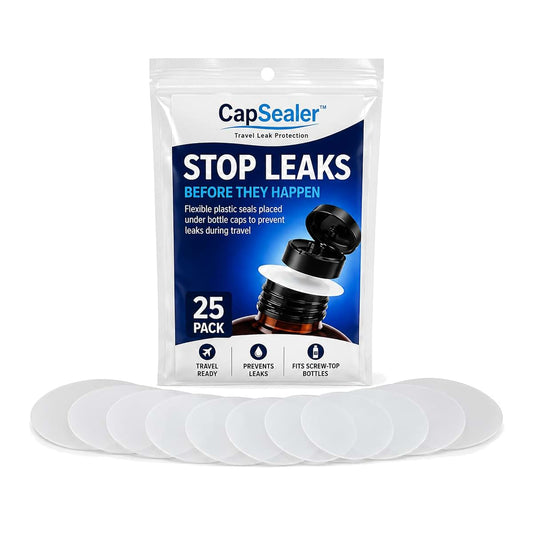 CapSealer Leak Proof Travel Bottle Seals for Toiletries, 25 Pack