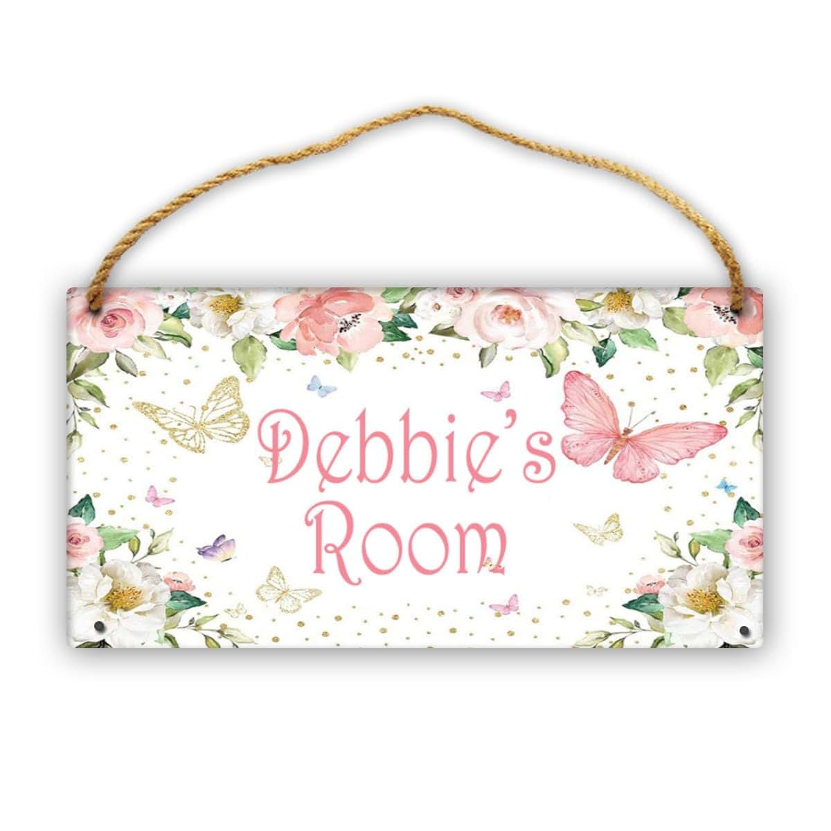 Cusdecor Personalized Pink Flower Butterfly Wooden Sign