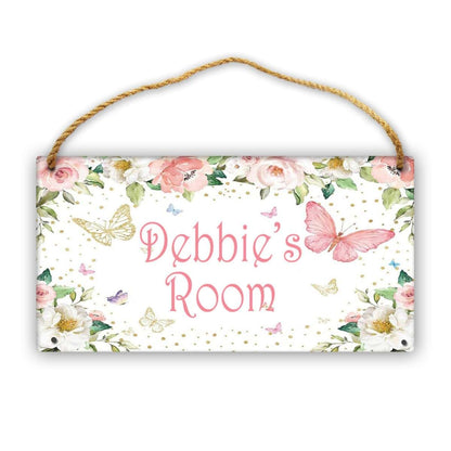 Cusdecor Personalized Pink Flower Butterfly Wooden Sign