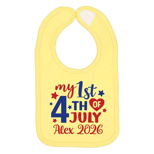 Smiling Jindo Personalized My 1st 4th of July Baby Bib – Custom Name, Red White Blue Patriotic Bib, Premium Jersey