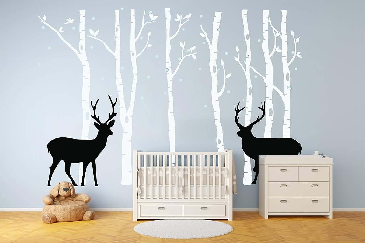 LUCKKYY Birch Tree Deer Wall Decal Nursery Forest Removable Vinyl Sticker