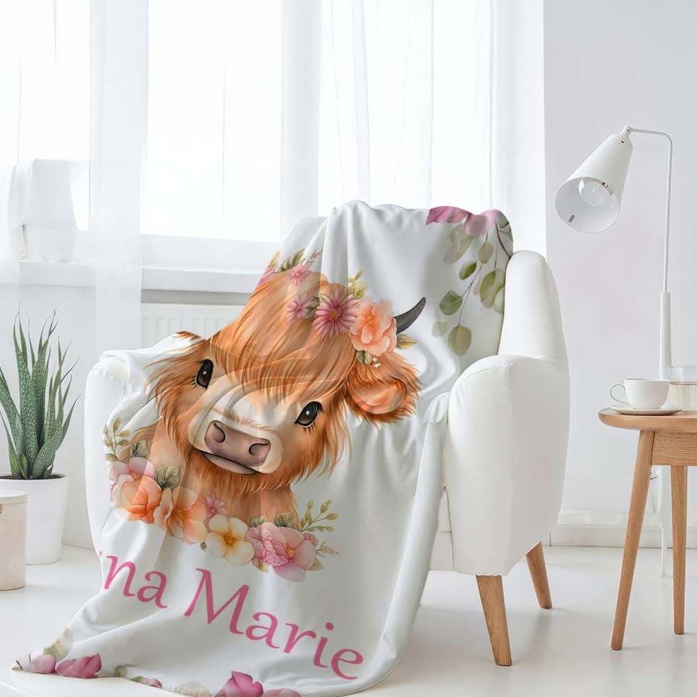 L&NG Personalized Baby Blanket for Boys, Highland Cow Floral Farm Custom Baby Girl Personalized Name Blankets, Blanket (photo 4)