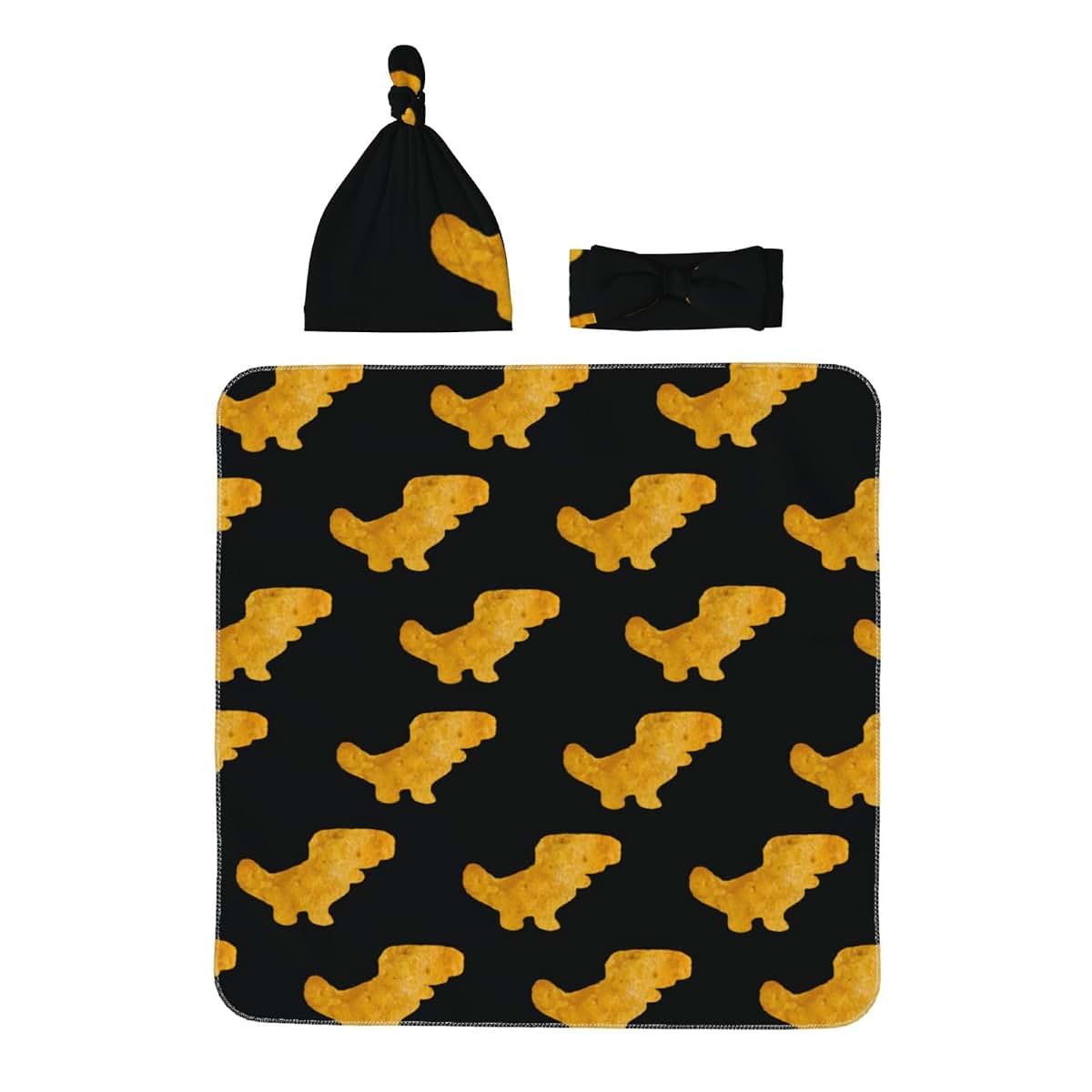 Lbdrdy Cute Dinosaur Chicken Nuggets Newborn Swaddle Blanket Set with Headband and Beanie Hat Baby Receiving Nursery (photo 2)