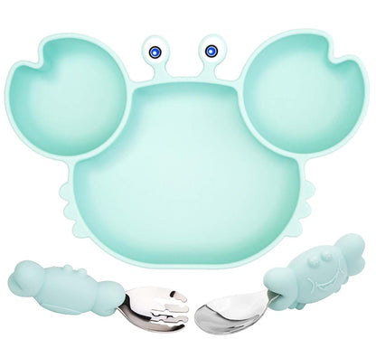 Linowos Silicone Suction Plate for Toddlers with Fork Spoon Set - Self Feeding Training Divided Plate Dish and Bowl for