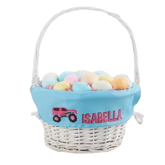 Personalization Universe Personalized Construction & Monster Trucks White Easter Basket – Embroidered Basket Liner for