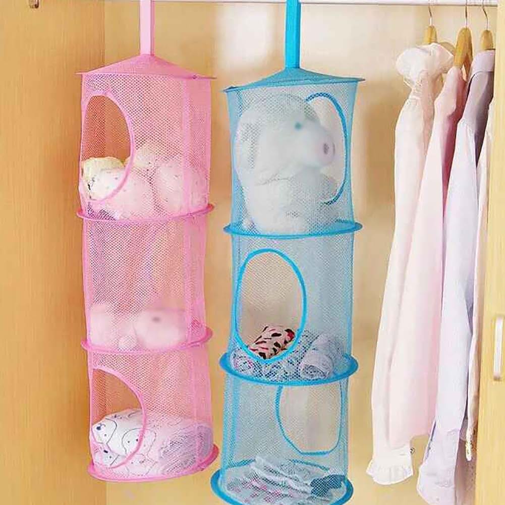 GSHLLO 2 Pack Toy Storage Hanging Mesh Organizer, 3 Compartment Stuffed Animal Hammock, Foldable Green Polyester Net