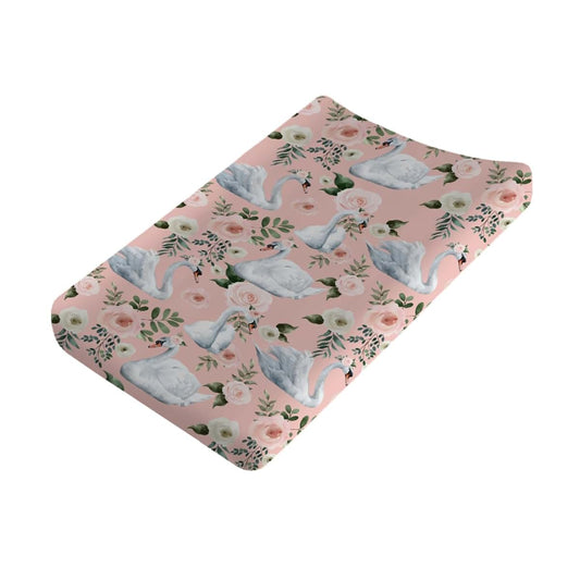 Watercolor Swan Boho Floral Changing Pad Cover