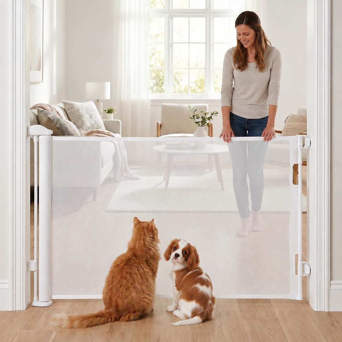 USDIRECT Retractable Pet Gate, 118-Inch Extra Wide Mesh Barrier