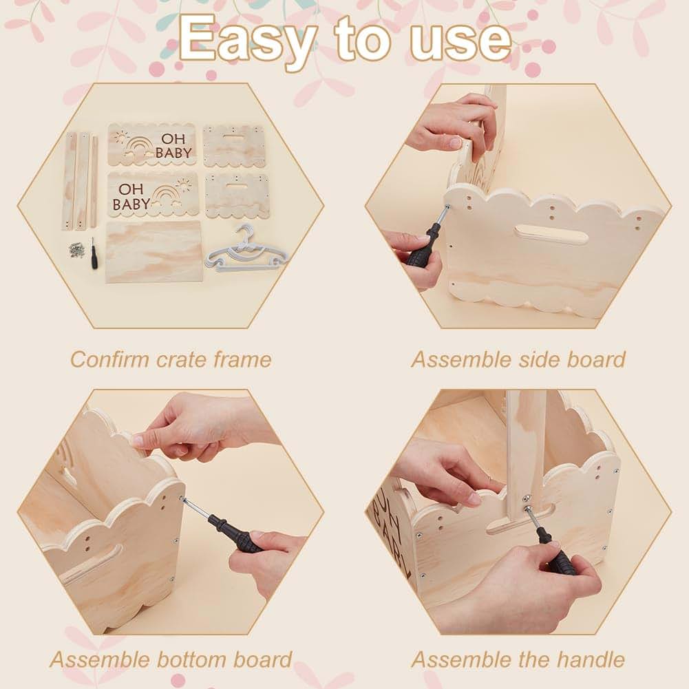 UNICRAFTALE Wooden Baby Shower Crate with 8 Kids' Hangers, Floral White