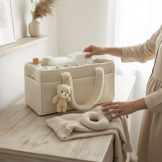MAICOSY Cozy Caddy Bag Plush Baby Bag Travel Diaper Caddy Organizer with Bear, Nursery Storage Basket with Handles
