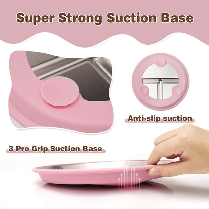 Solldgt Stainless Steel Kids Plates with Suction, 9" Divided Baby Plates Set of 2, Pink & Beige