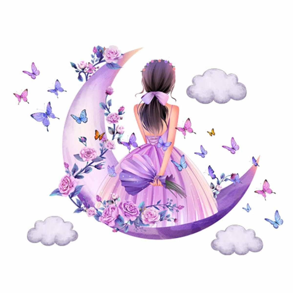 Vinyl Wall Art Sticker Set | Purple Moon & Floral Design Decor