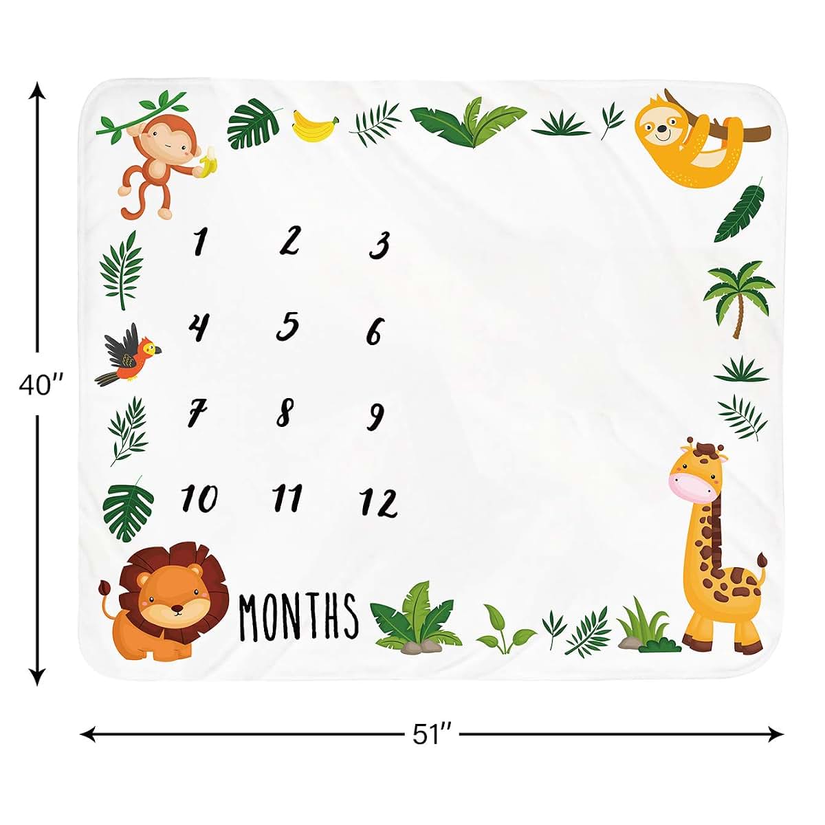 Tebaby Jungle Animals Baby Monthly Milestone Blanket with Felt Frame, 51x40 Inch Fleece