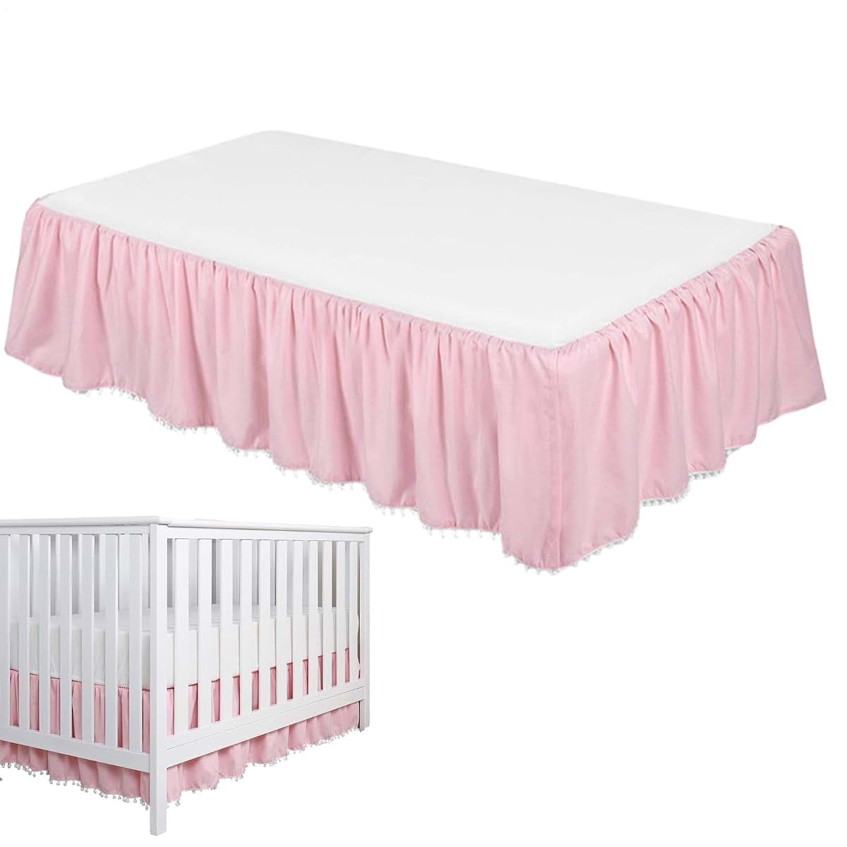 Pleated Microfiber Crib Bed Skirt with Pompoms for Nursery Decor