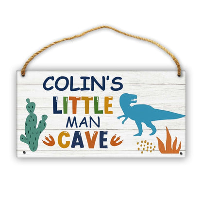 Cusdecor Personalized Little Man Cave Sign Dinosaur Custom Name Wood Plaque