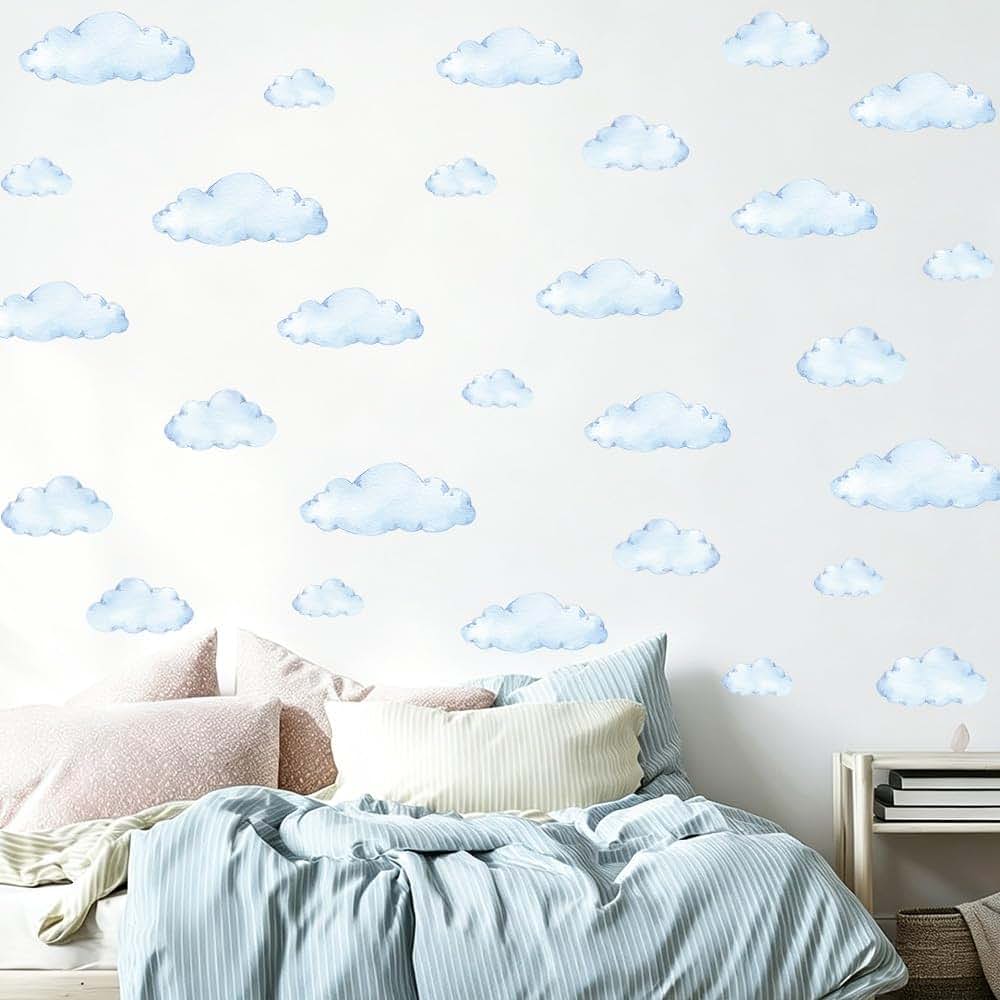 D START Cloud Wall Decals - 8 Sheets 28 Pcs Cloud Wall Stickers Cloud Peel and Stick Wallpaper Blue Wall Decals