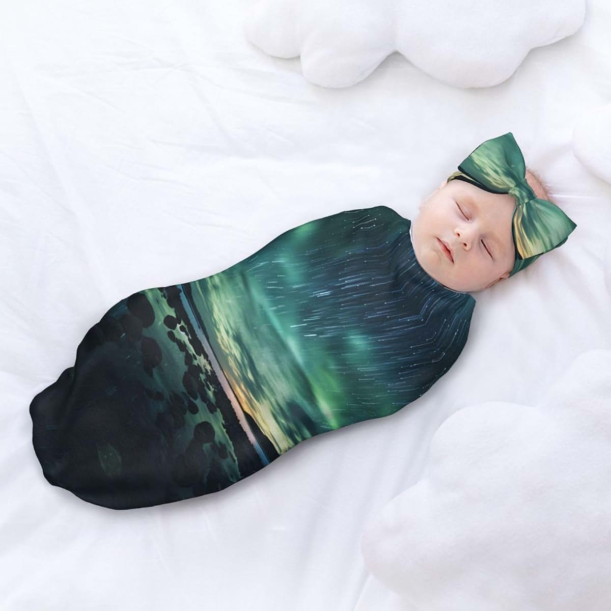 WZYCWB Sea Under The Aurora Borealis Baby Swaddle Set With Headband (photo 3)