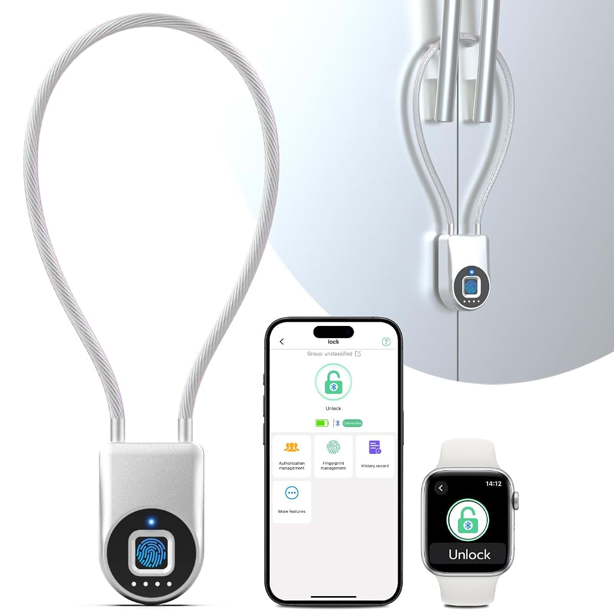 Foxlock Fingerprint Cable Lock, Fridge Lock Child Proof Cabinet Locks with Bluetooth APP Control, Waterproof