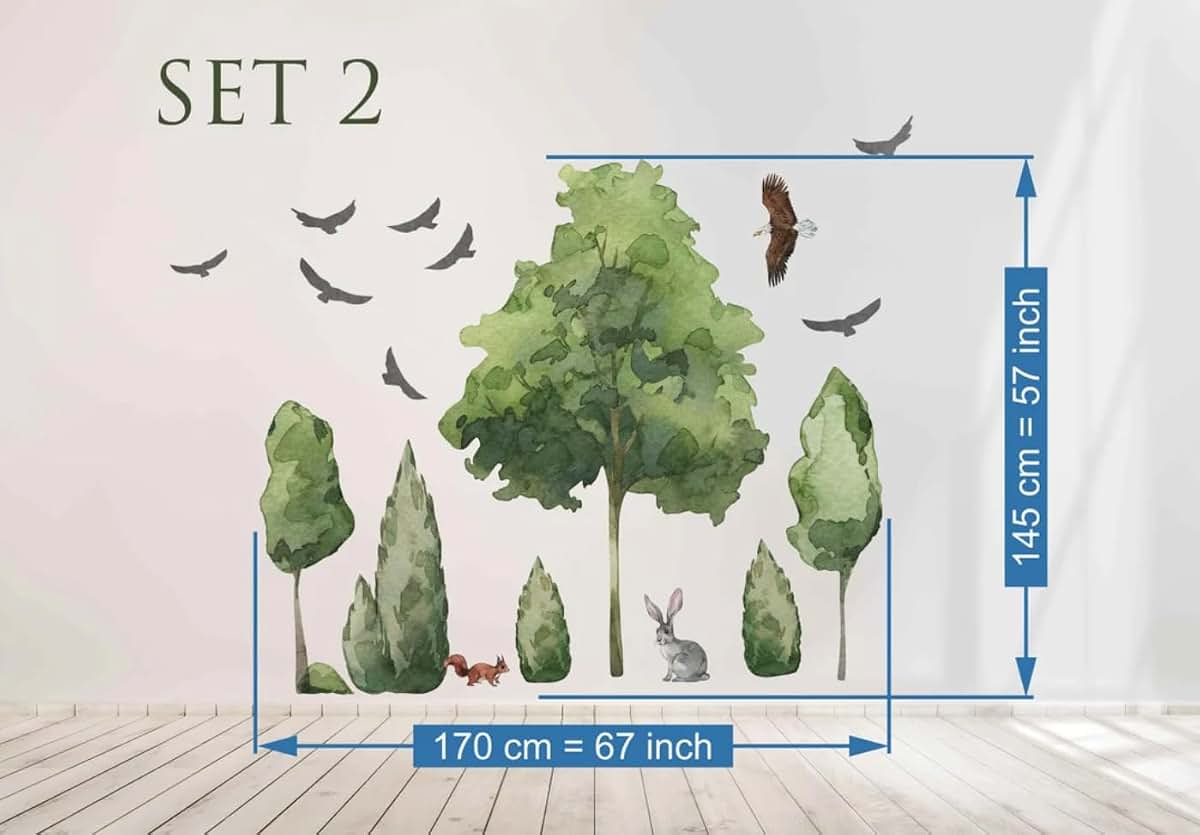 Large Watercolor Trees Wall Decals Set With Forest Animals