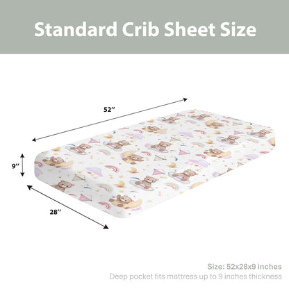 Watercolor Bear Rainbow Pink Crib Sheet 28x52 with 9 Inch Deep Pocket Fitted Standard Crib Mattress Cover