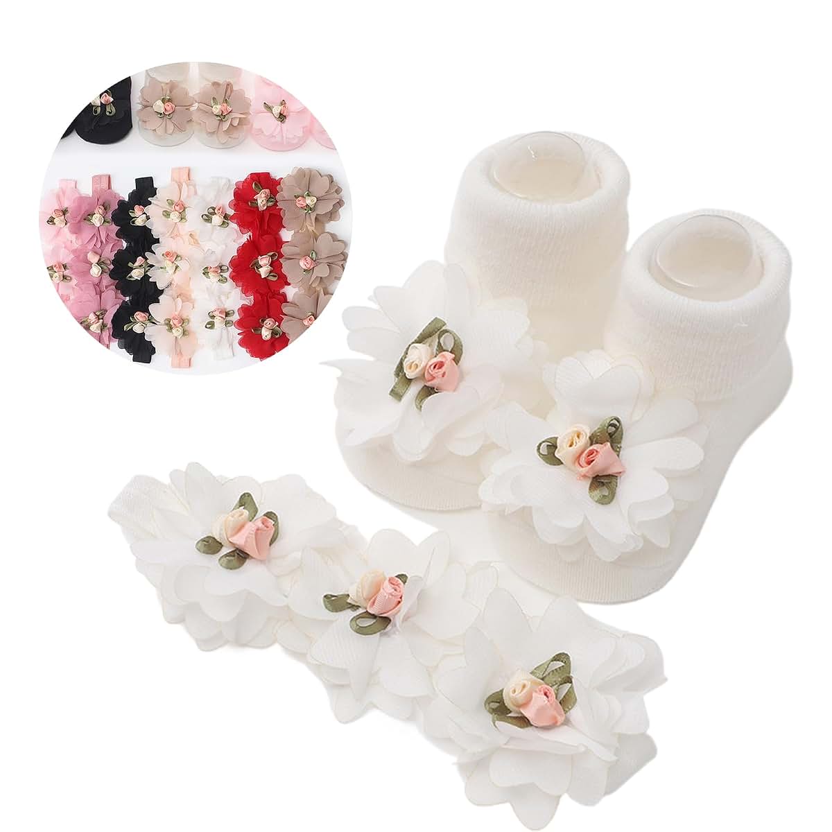 XAGMODSHN Newborn Headband And Socks Set With Lace Flower