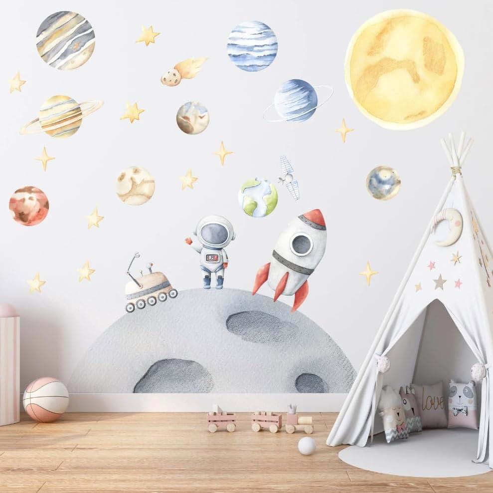 BabyOneStop Space Wall Decal for Kids Room, Solar System Planets Rocket Vinyl Mural, Large