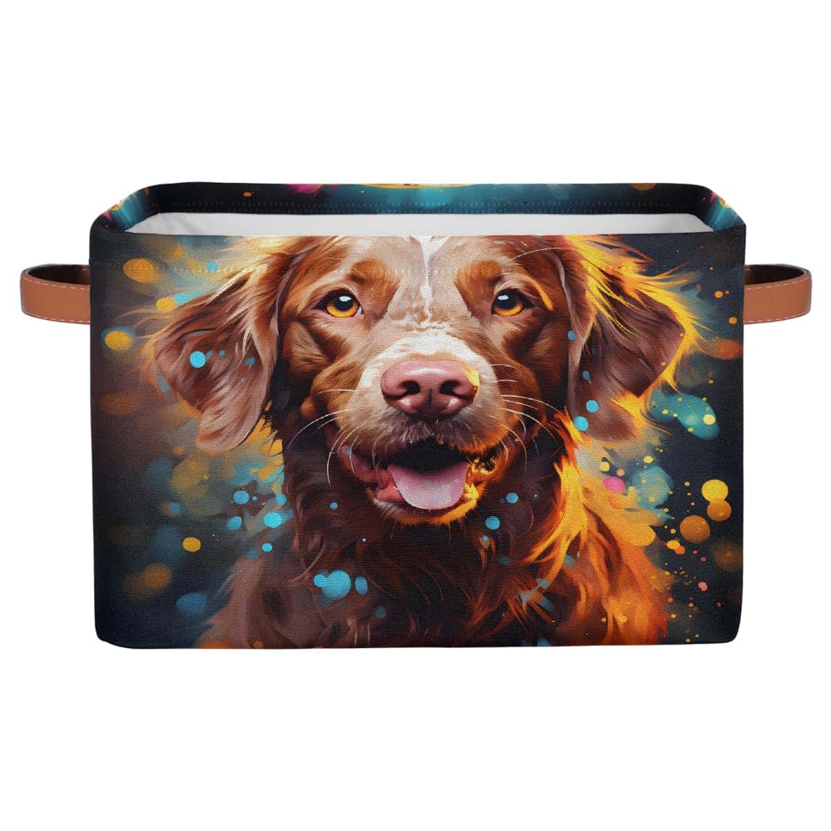 Ethebre Cute Animal Dog Painting Storage Basket with Leather Handles, Foldable 15x11x9.5 In