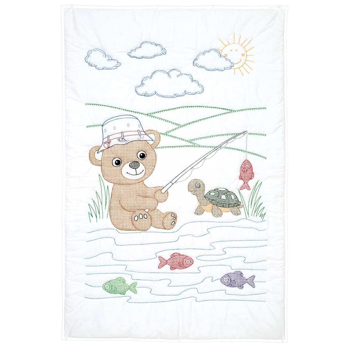 Jack Dempsey Needle Art Fishing Bear Crib Quilt Top