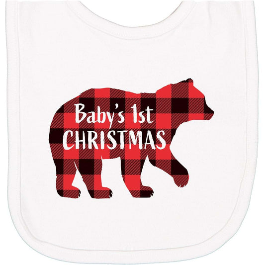 Inktastic Baby's First Christmas Newborn Bib With Flannel Patterned Bear