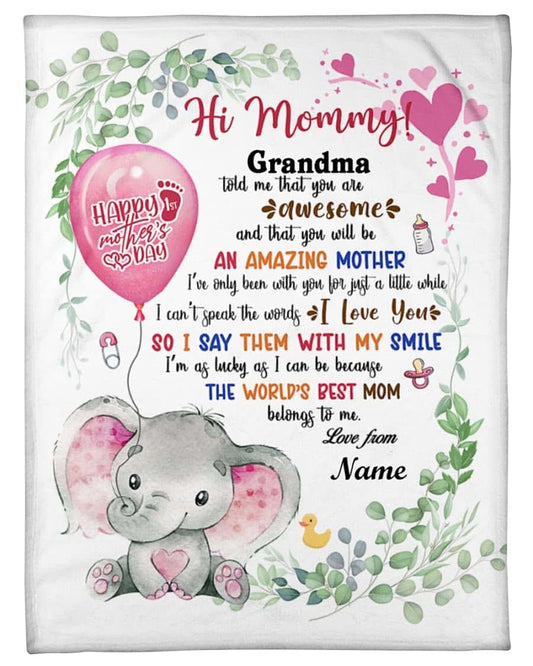 Homelight Personalized Elephant Mom and Baby Blanket Hi Mommy Daddy Grandma Told Me Blanket Gifts for Expecting First