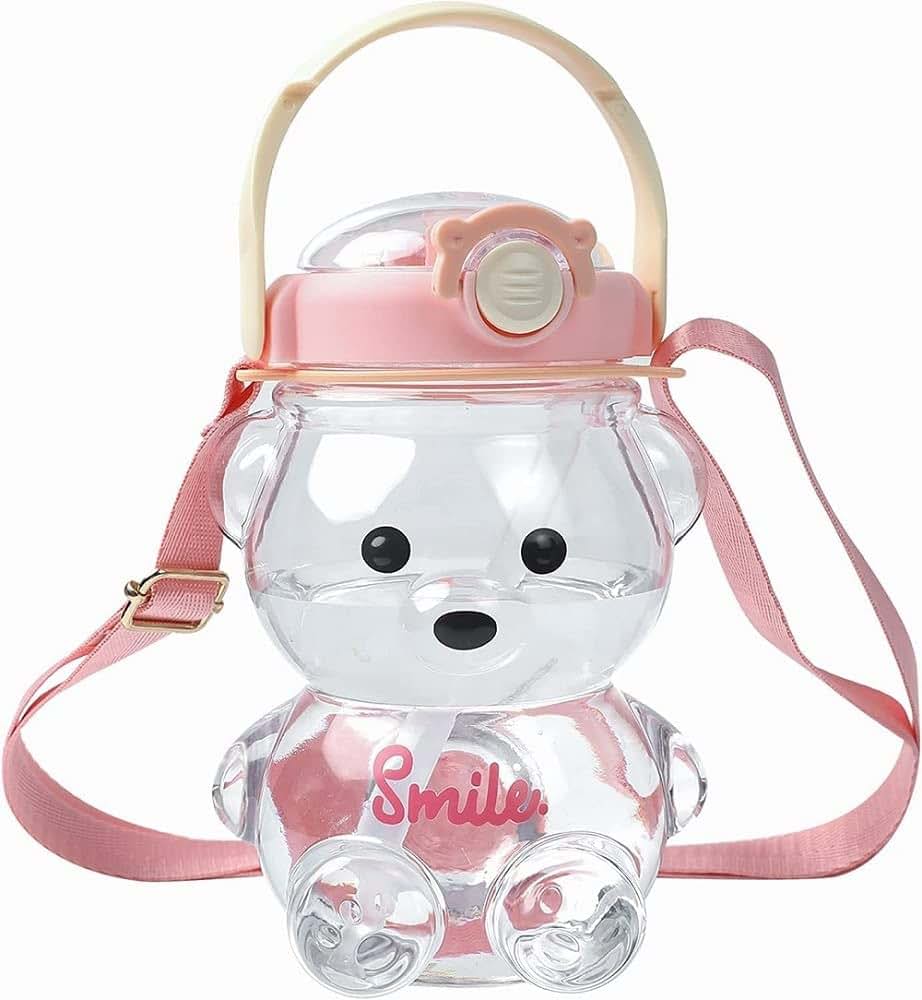 JRIQH Kawaii Bear Straw Bottle Pink Water Bottle
