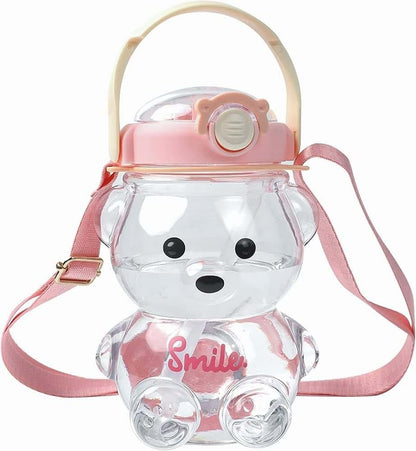 JRIQH Kawaii Bear Straw Bottle Pink Water Bottle